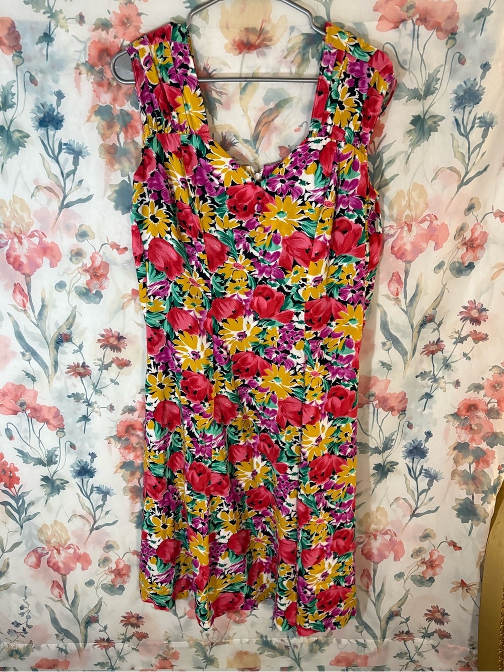 Vintage Floral Sleeveless Summer Dress - Pink, Yellow & Green